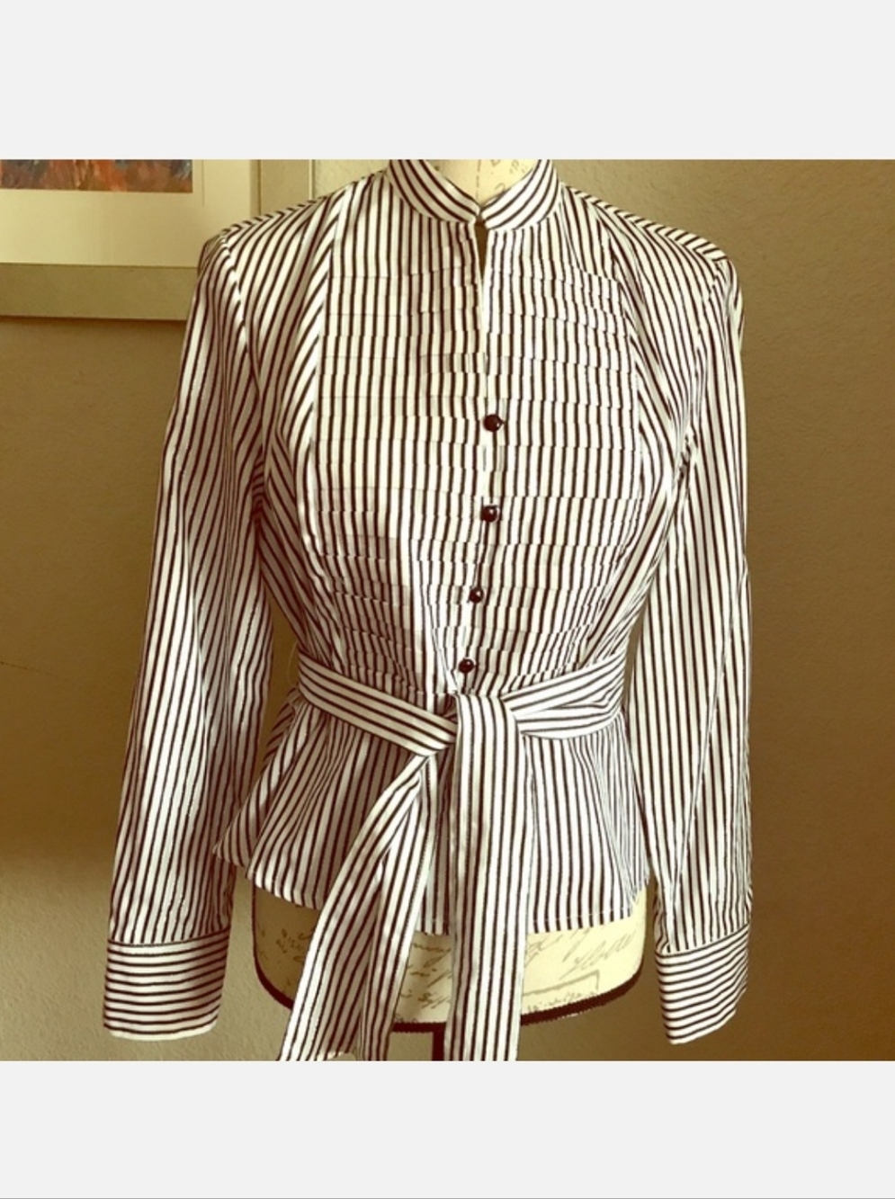 Jones New York White & Brown Striped Tie-Waist Button Down